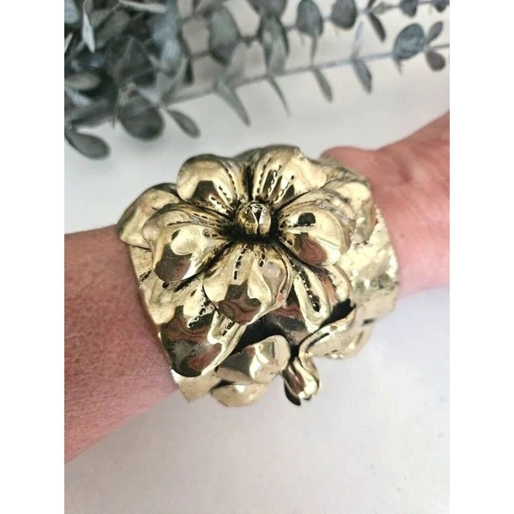 Gold Tone Sculptural Flower Cuff Bracelet Statement Floral Wide Cuff Boho